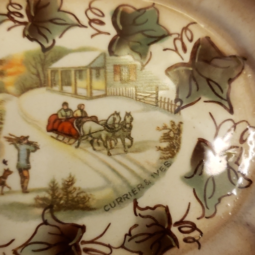 Vintage Currier & Ives Small Oval Ashtray Brown Winter Scene Very Pretty VGC - Picture 9 of 13